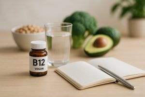 Complément de vitamine B12 posé sur une table claire avec un verre d’eau et un carnet de suivi nutritionnel.